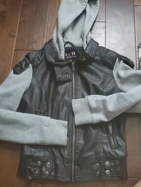 Black Faux Leather & Gray Hooded Jacket